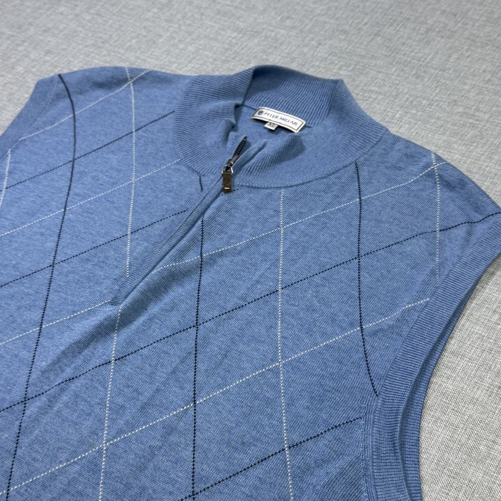 Peter Millar Argyle 1/4 Zip Vest Mens XL Blue Mock Neck Silk Cotton Cashmere